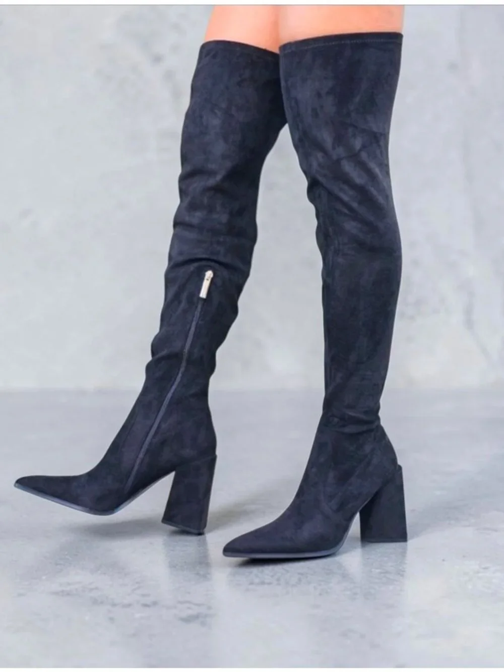 Over-The-Knee Black Faux Suede Heeled Boots With Side Zipper & Pointed Toe Women